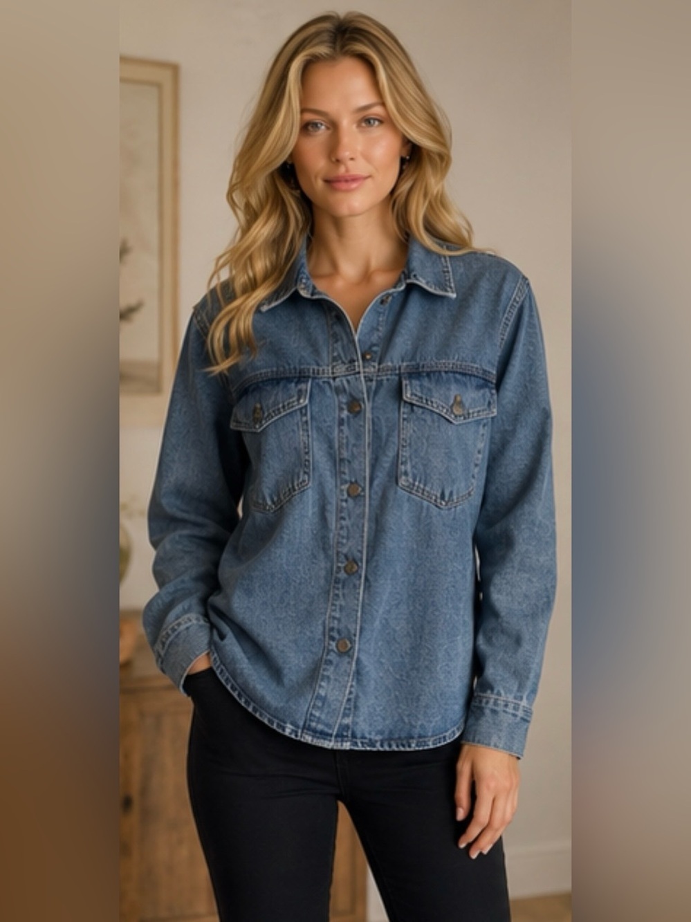 EXPRESS Women’s Denim Shirt Jacket Medium Blue 2 Chest Pockets Slight Curved Hem